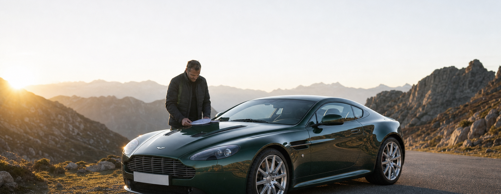 Acheteur consultant le dossier d’entretien d’une Aston Martin V12 Vantage manuelle vert anglais