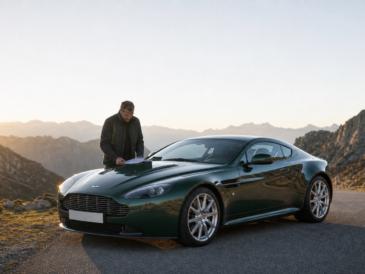 Acheteur consultant le dossier d’entretien d’une Aston Martin V12 Vantage manuelle vert anglais