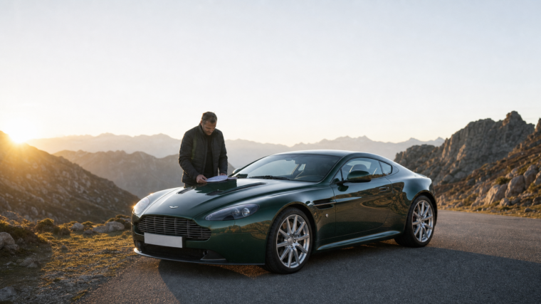 Acheteur consultant le dossier d’entretien d’une Aston Martin V12 Vantage manuelle vert anglais