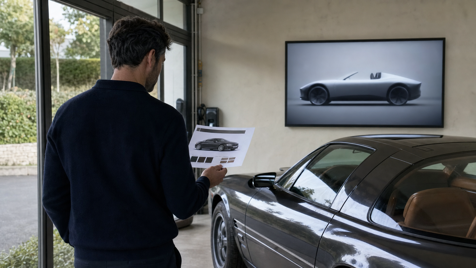 Acheteur comparant une GT actuelle avec la silhouette d’une future sportive électrique