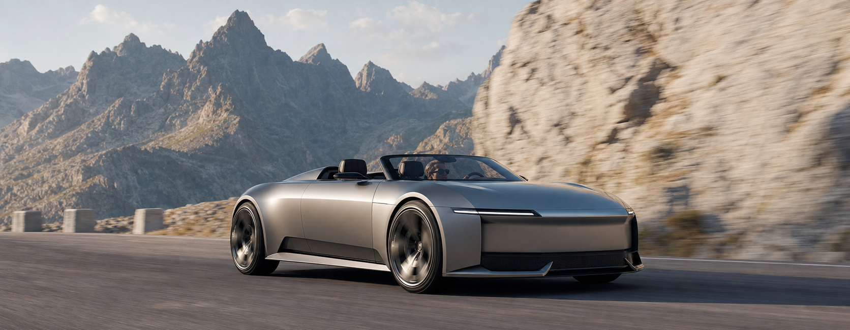 Roadster électrique argenté inspiré de l’Audi Concept C sur une route alpine