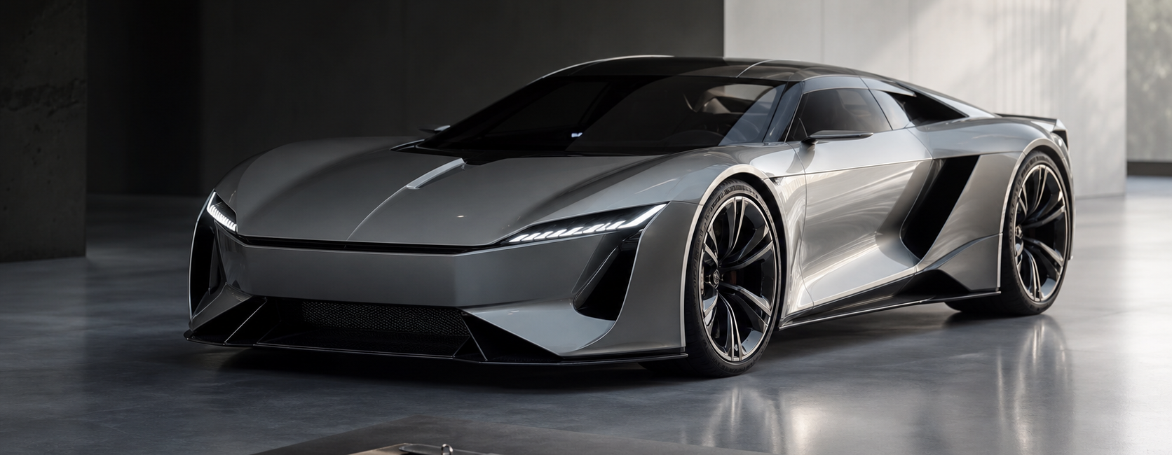 Hypercar allemande argent graphite dans un studio premium, sans logo visible