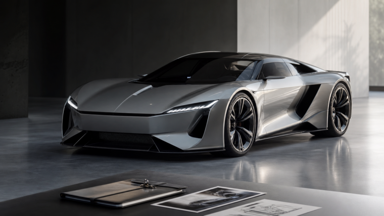 Hypercar allemande argent graphite dans un studio premium, sans logo visible
