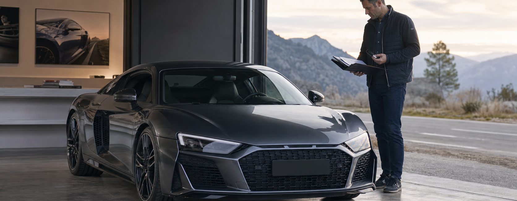 Acheteur consultant l’historique d’une supercar allemande grise à moteur central dans un showroom