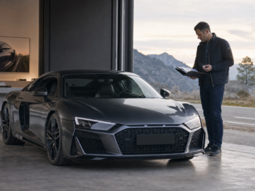Acheteur consultant l’historique d’une supercar allemande grise à moteur central dans un showroom