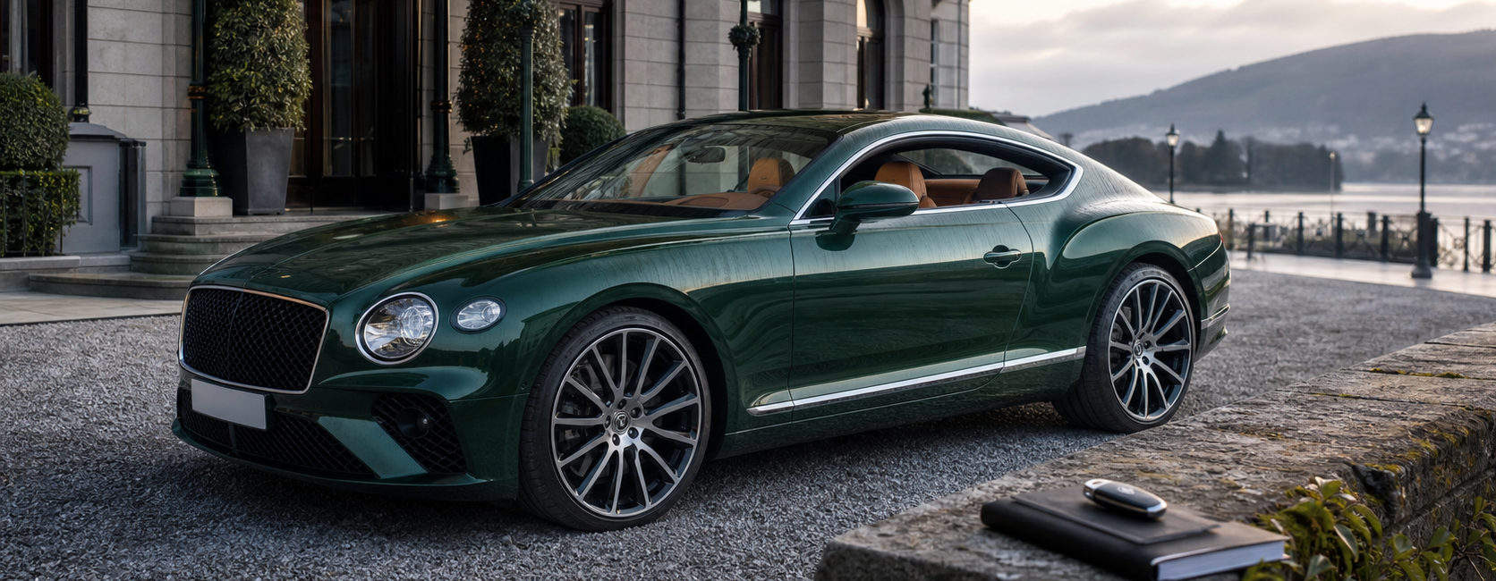 Grande GT britannique vert anglais devant un hôtel avec carnet d’entretien, évoquant une Bentley Continental GT W12 d’occasion