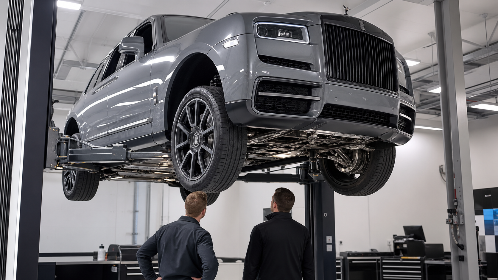 Rolls-Royce Cullinan contrôlé sur un pont élévateur par deux techniciens