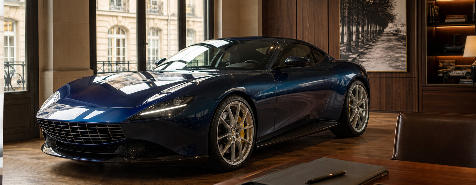 Grand tourisme italien bleu dans un showroom parisien avec dossier de vente