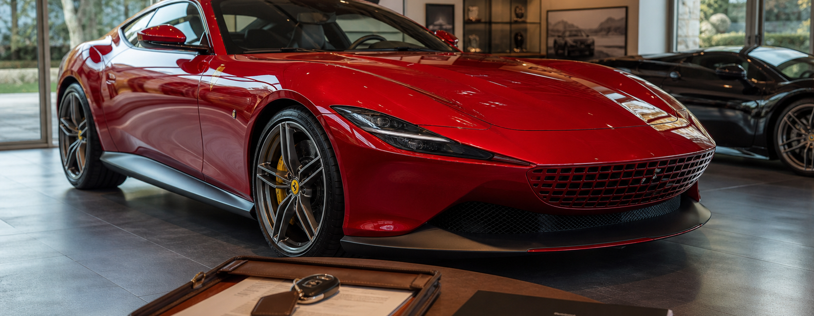 Coupé grand tourisme V12 rouge dans un showroom premium avec documents de collection