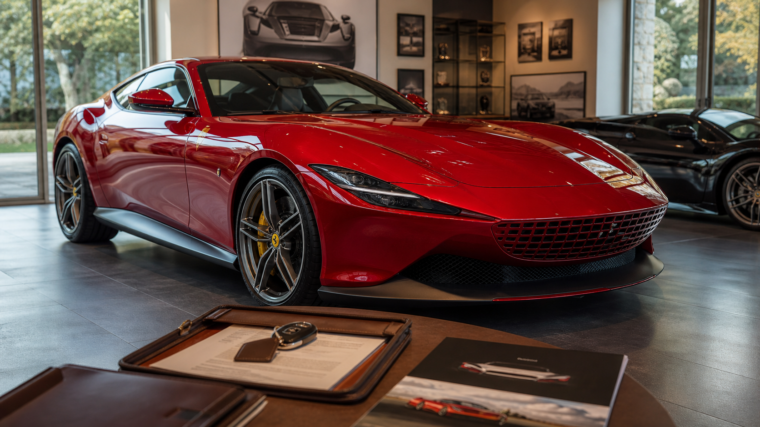 Coupé grand tourisme V12 rouge dans un showroom premium avec documents de collection