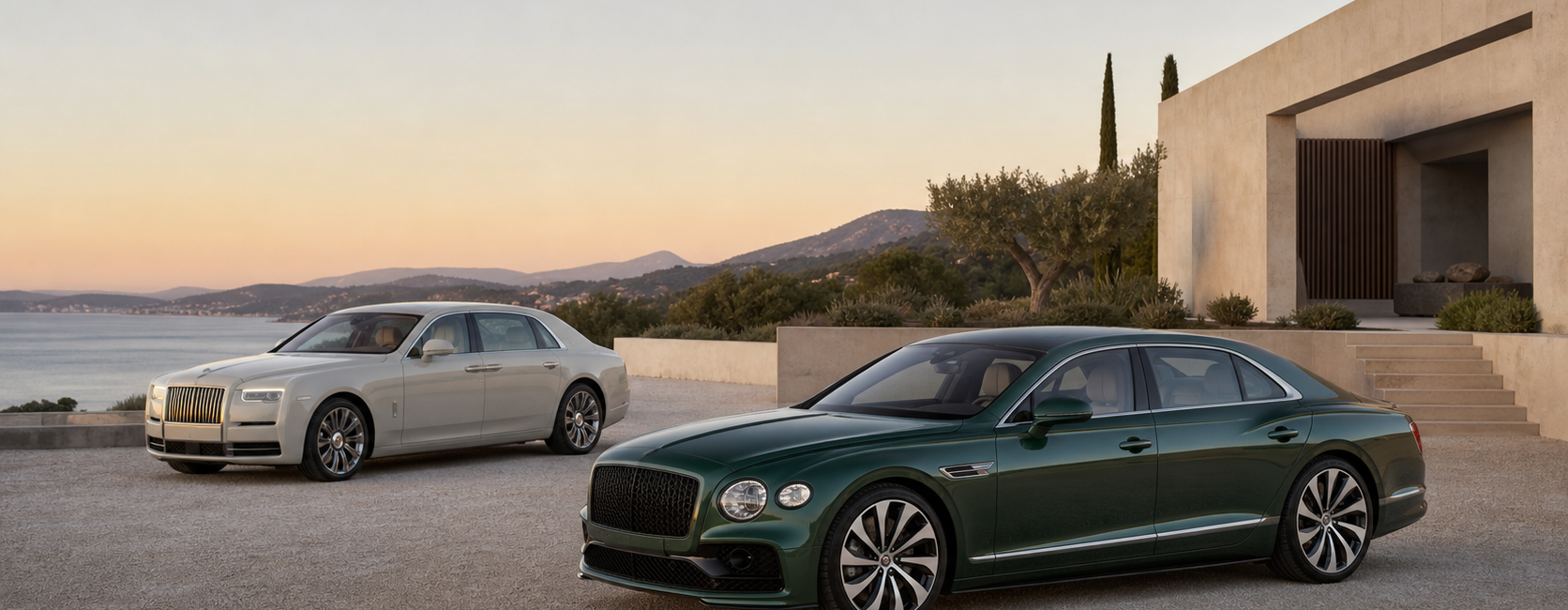 Bentley Flying Spur Speed verte et Rolls-Royce Ghost ivoire devant une villa moderniste au lever du soleil