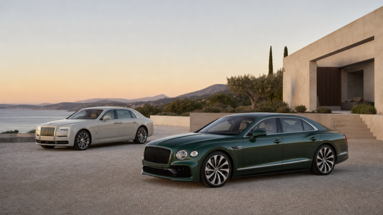 Bentley Flying Spur Speed verte et Rolls-Royce Ghost ivoire devant une villa moderniste au lever du soleil
