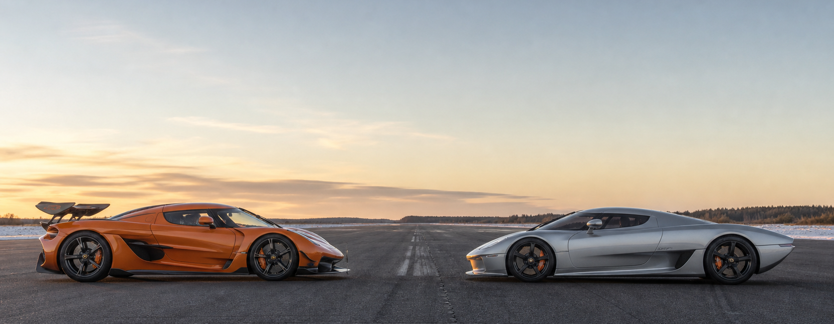 Koenigsegg Jesko Attack orange et Jesko Absolut argent sur une piste d’essai scandinave