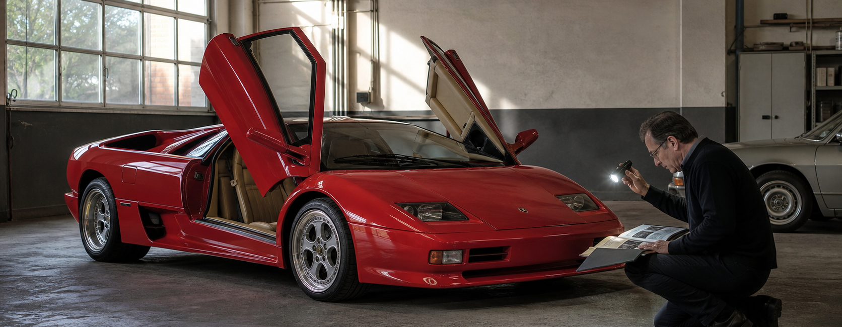 Lamborghini Diablo rouge inspectée dans un atelier avec son dossier de provenance