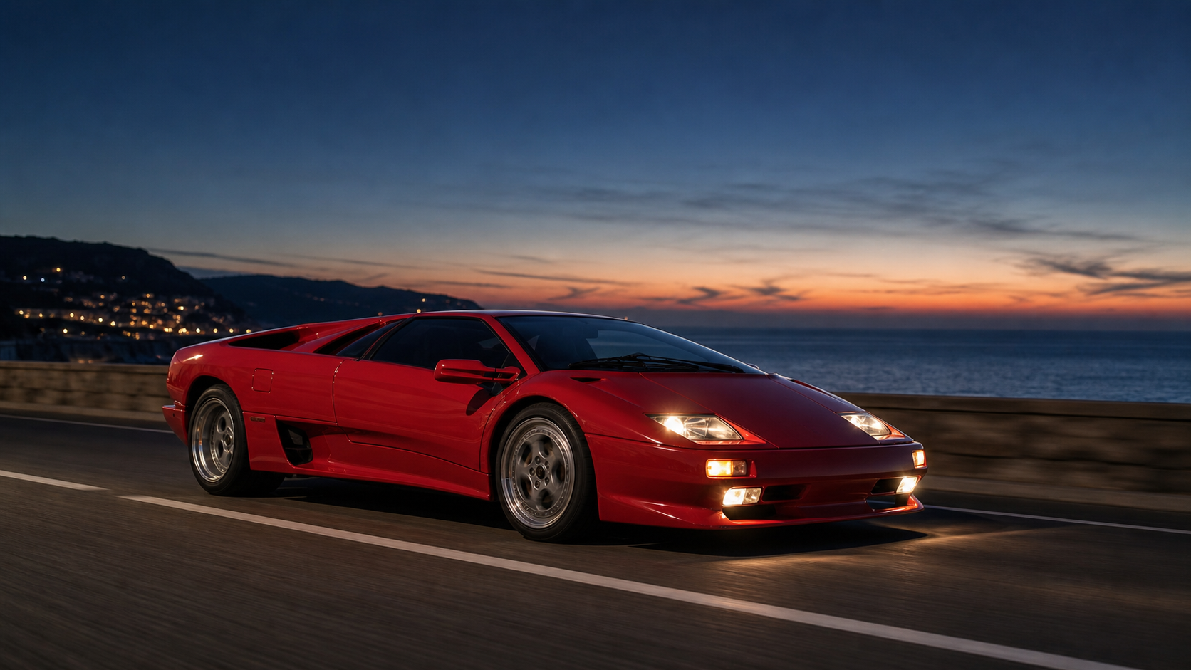 Lamborghini Diablo rouge de profil sur une route côtière au crépuscule