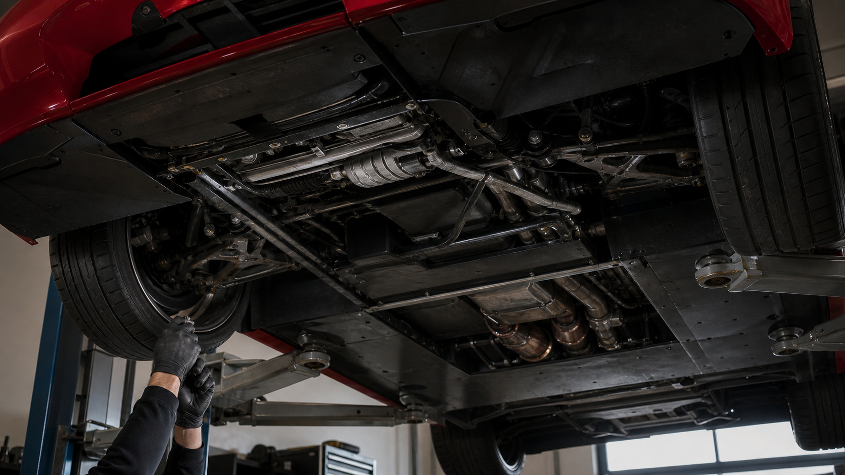 Inspection du soubassement et des éléments mécaniques d’une Lamborghini Diablo sur un pont