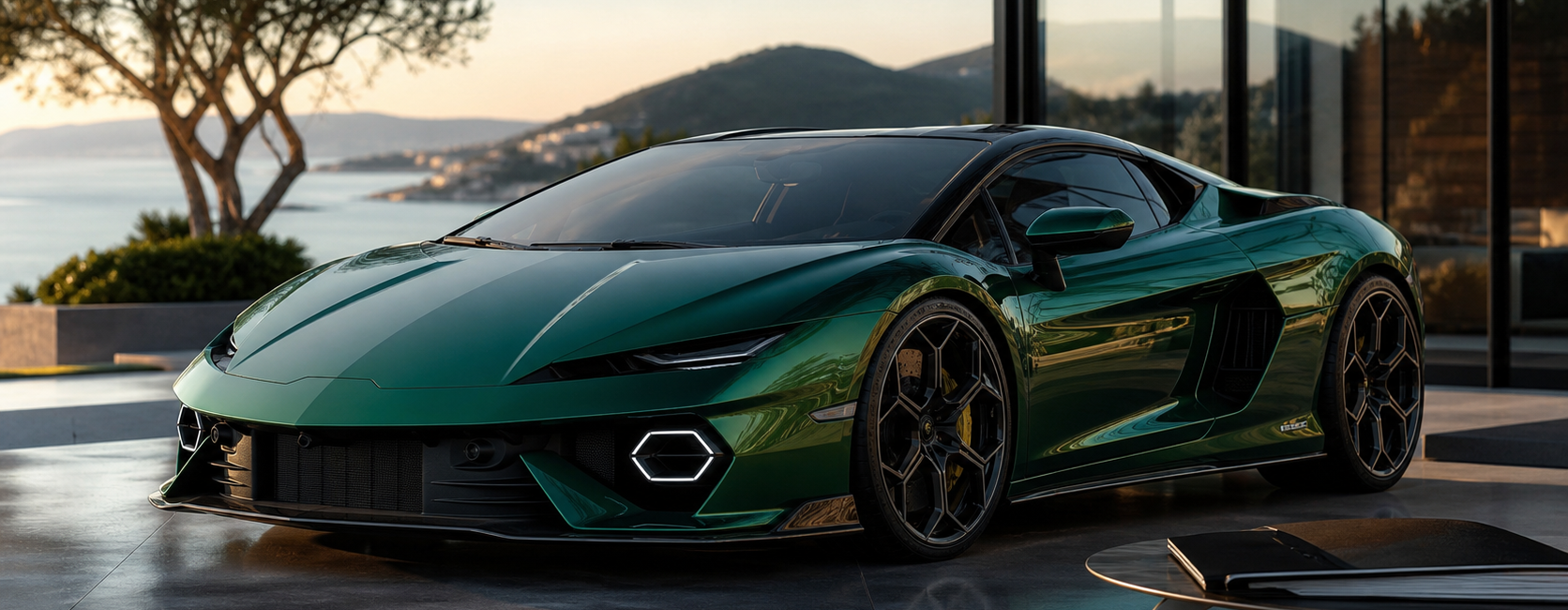 Lamborghini Temerario générique dans un salon privé au lever du jour