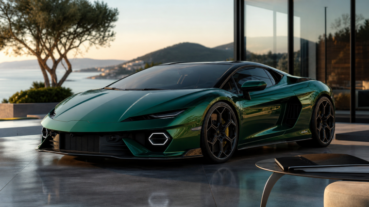 Lamborghini Temerario générique dans un salon privé au lever du jour