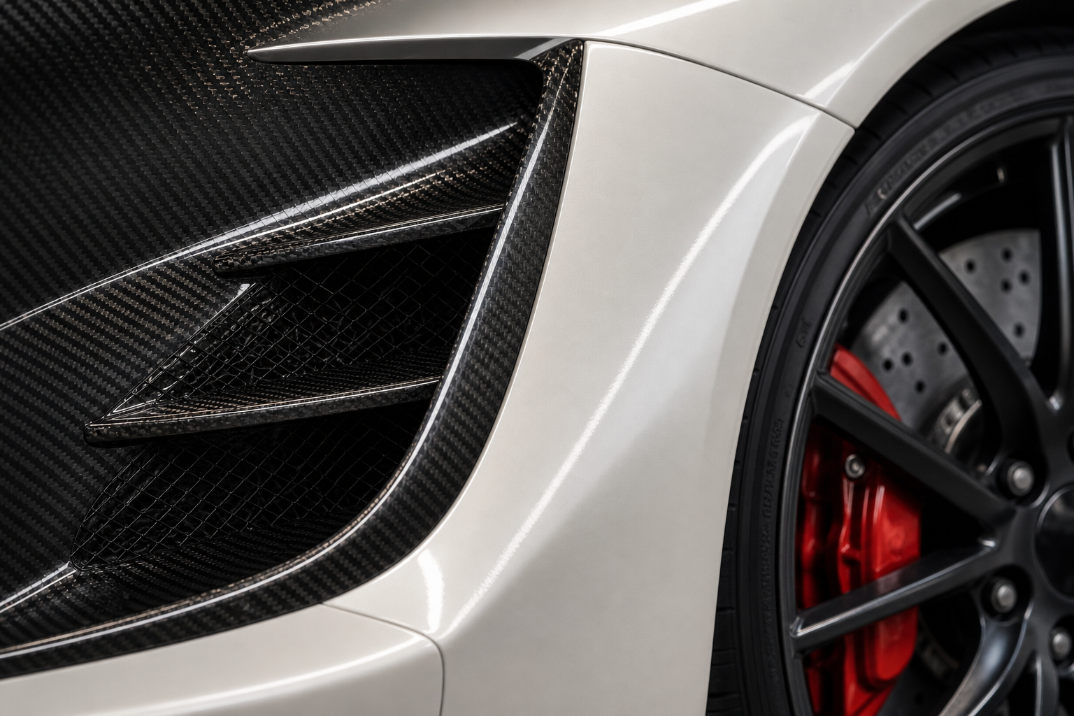Détail du carbone, de la roue et du frein d’une Lexus LFA blanche