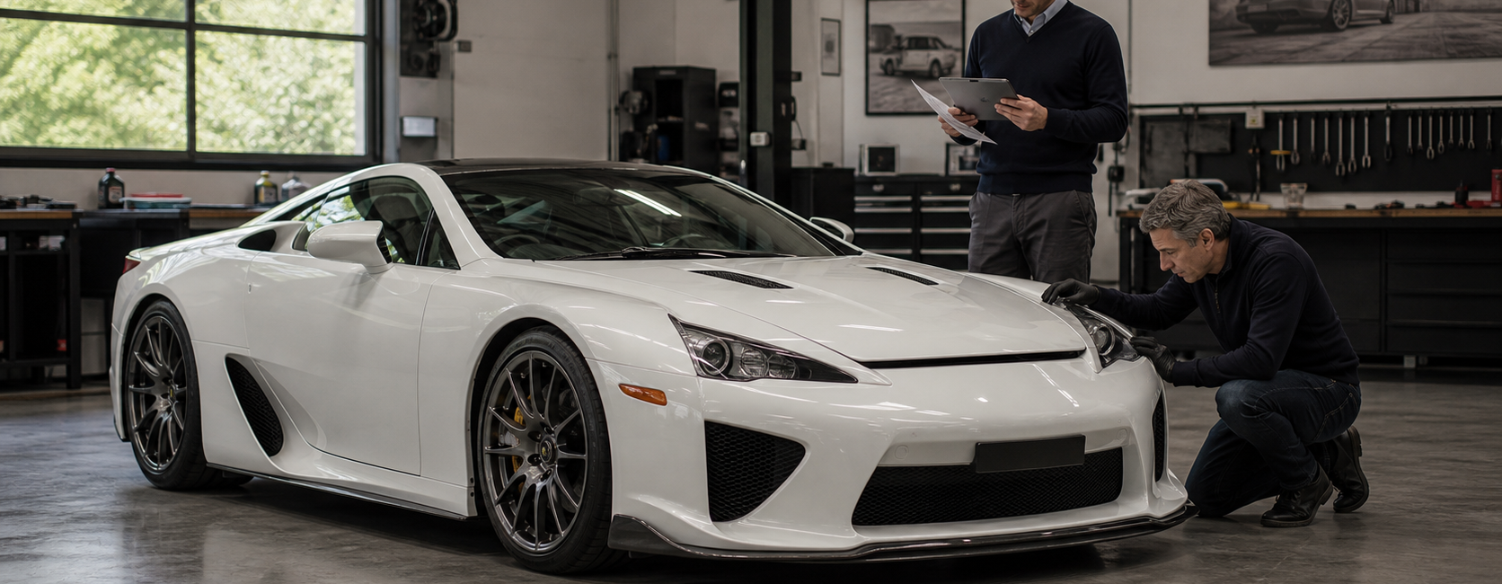 Supercar japonaise blanche inspirée de la Lexus LFA inspectée dans un atelier spécialisé