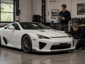 Supercar japonaise blanche inspirée de la Lexus LFA inspectée dans un atelier spécialisé