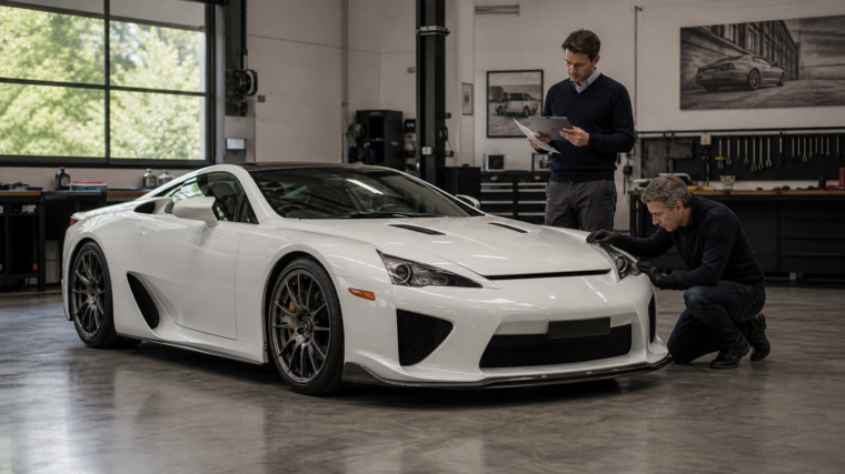 Supercar japonaise blanche inspirée de la Lexus LFA inspectée dans un atelier spécialisé