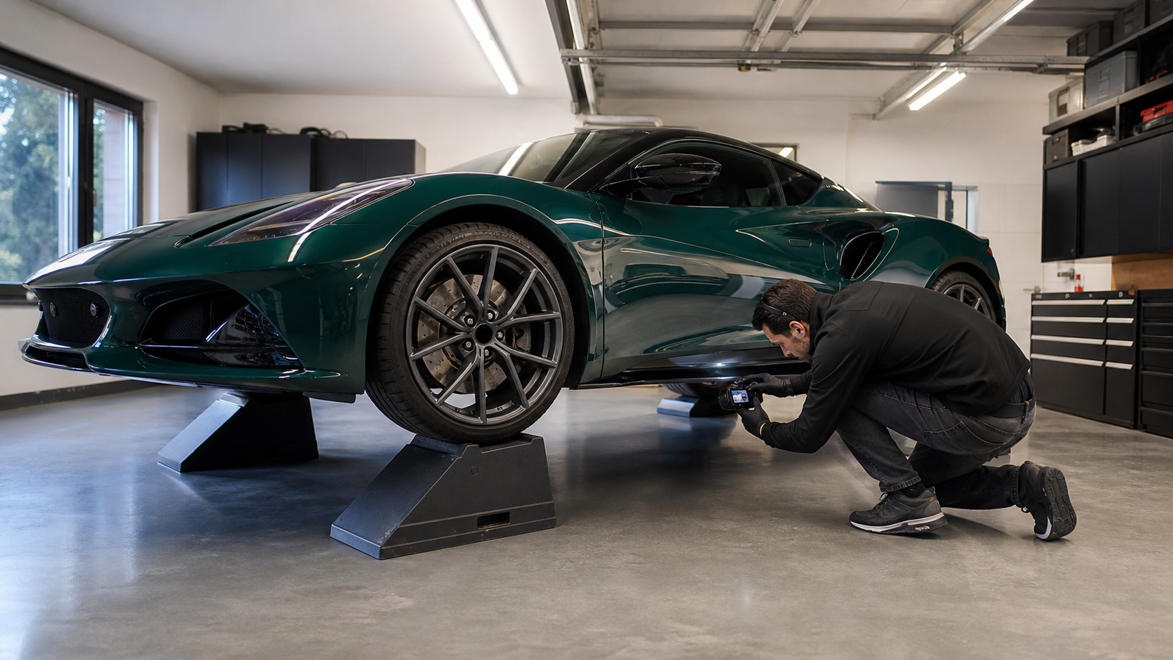 Spécialiste photographiant les protections inférieures d’une Lotus Emira verte sur rampes
