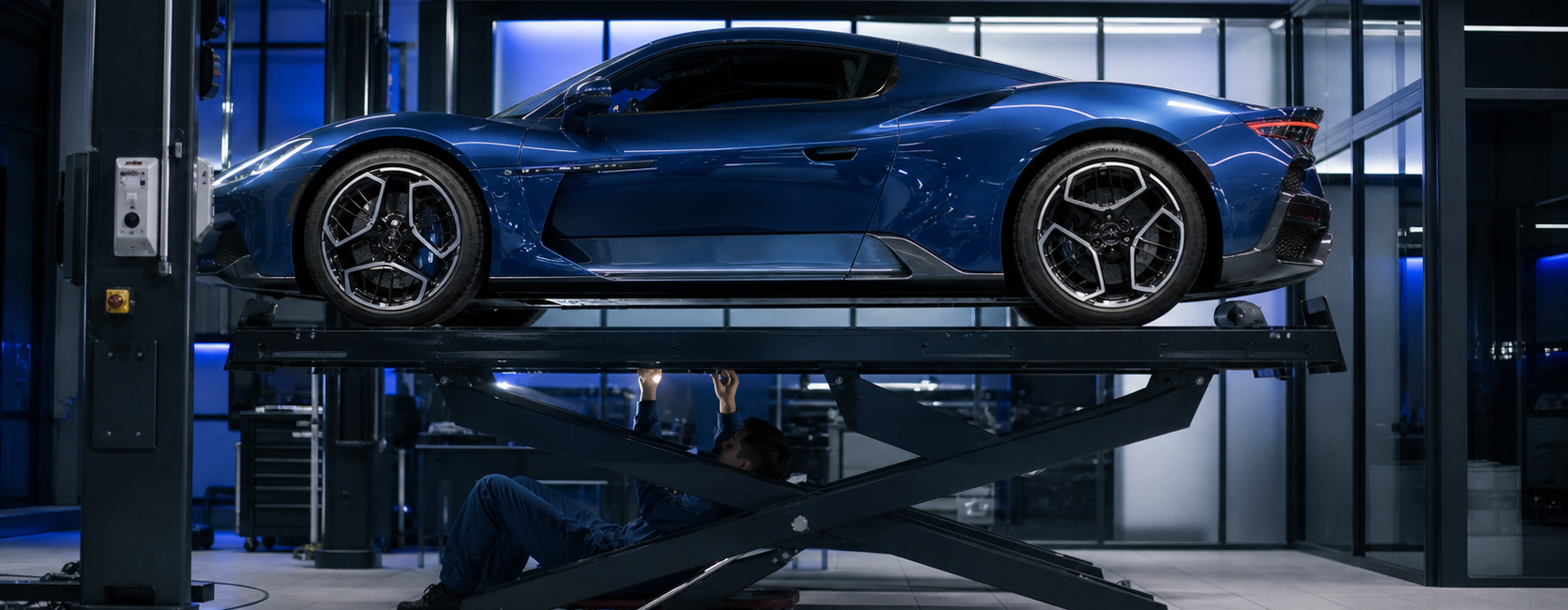 Maserati MC20 bleue inspectée sur un pont dans un centre automobile spécialisé