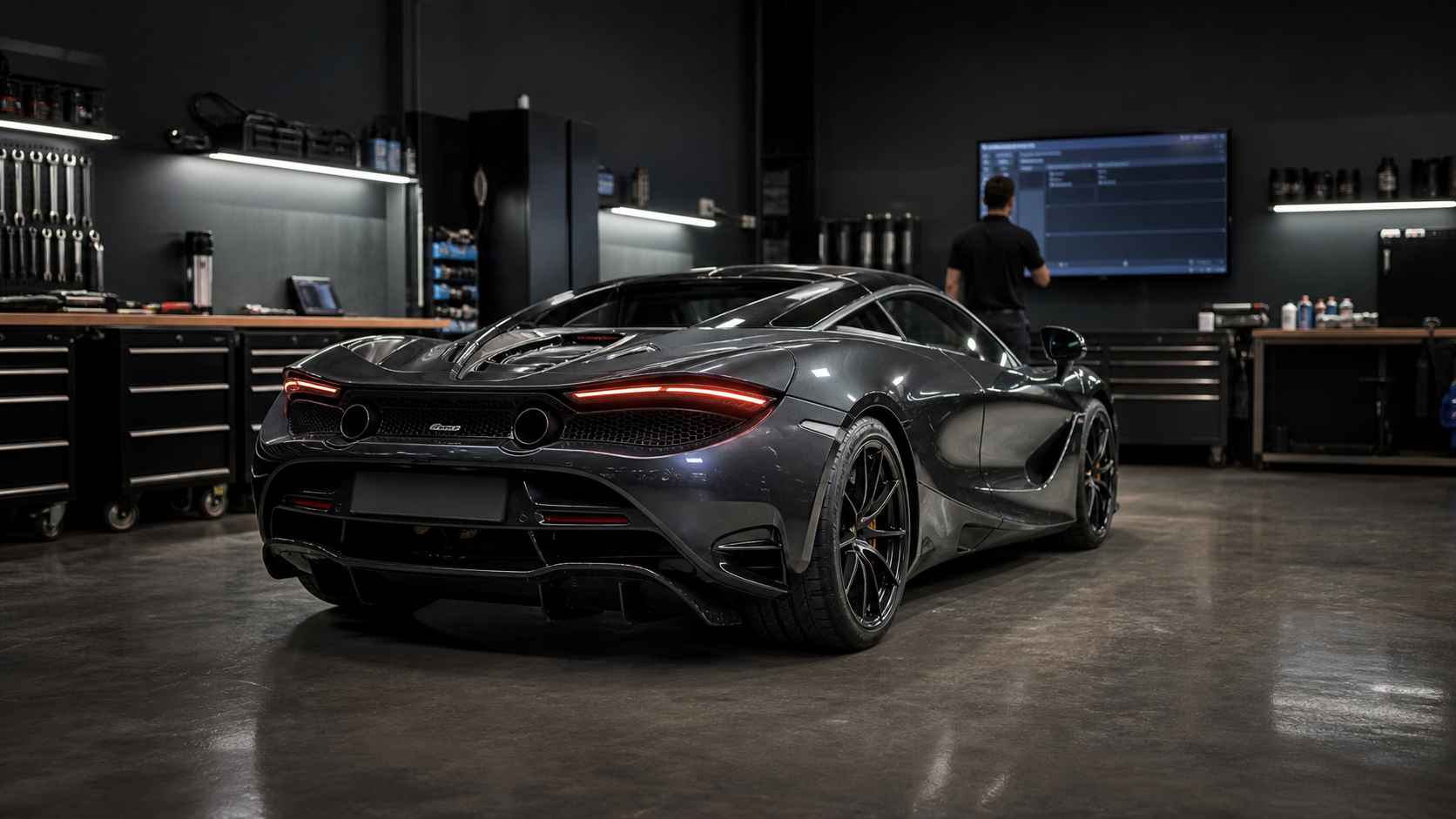 Technicien consultant le diagnostic d’une McLaren gris graphite dans un atelier spécialisé