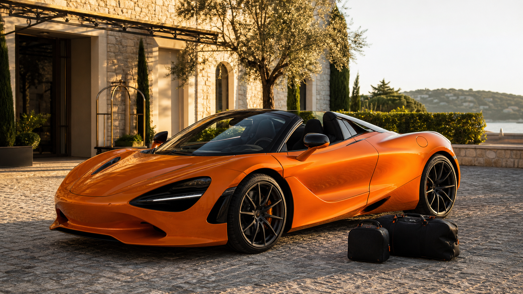 McLaren Spider orange avec bagages souples devant un hôtel du sud de la France