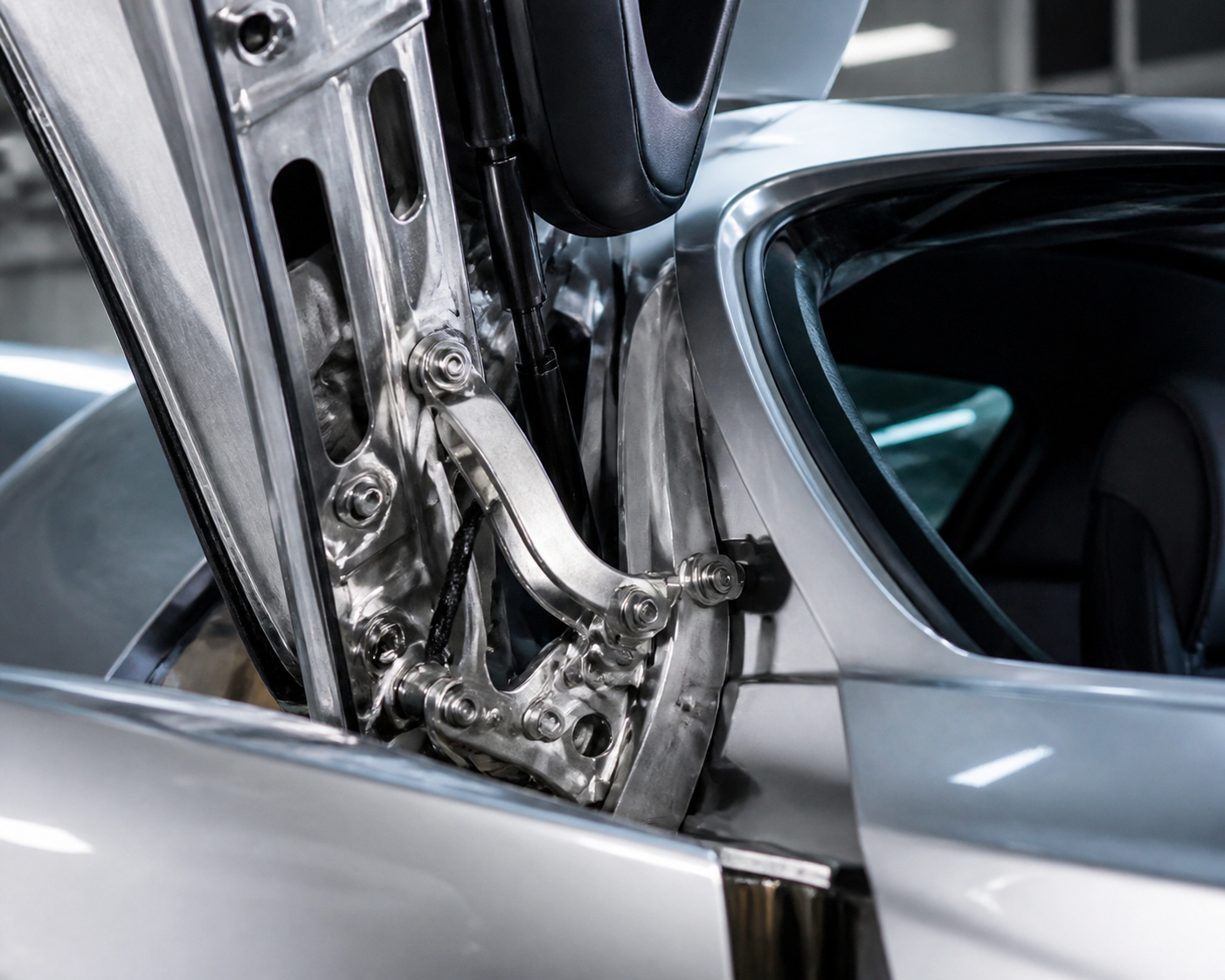Détail du mécanisme de porte papillon et de la structure en aluminium d’une Mercedes SLS AMG