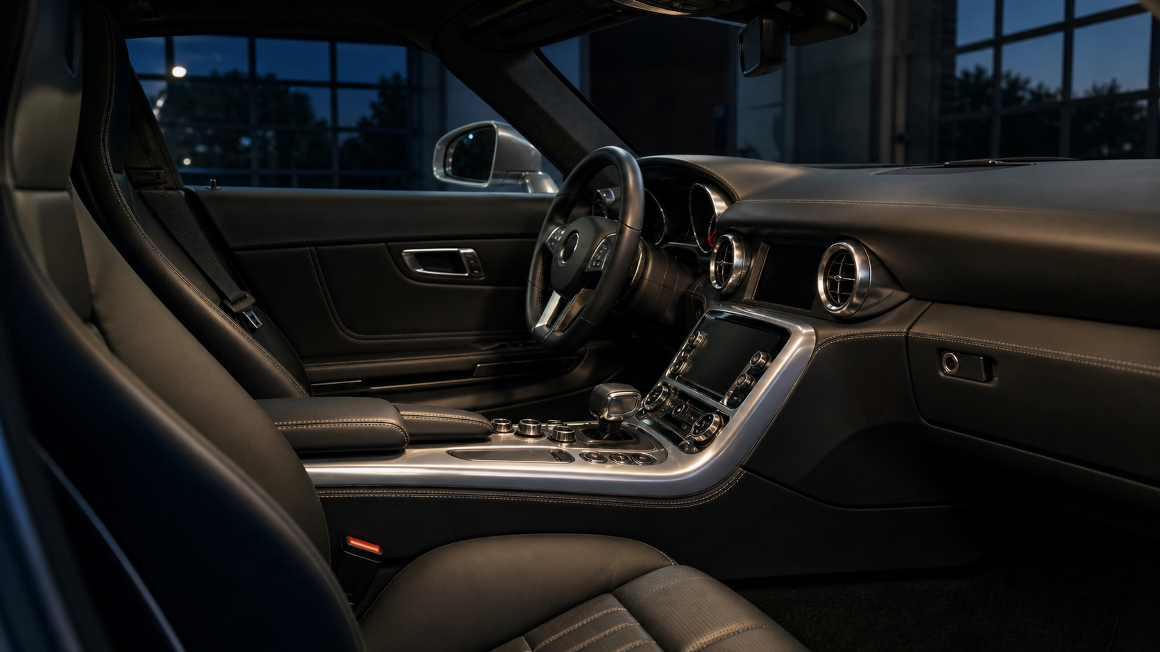 Habitacle et commandes d’une Mercedes SLS AMG observés depuis le siège passager