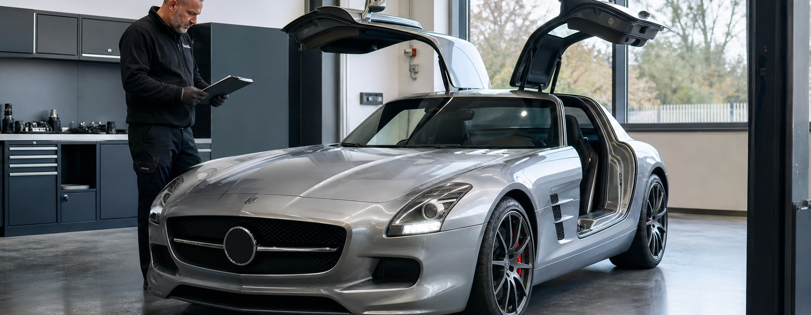 Mercedes SLS AMG argent aux portes papillon ouvertes pendant une inspection en atelier