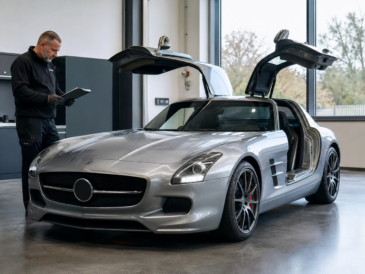 Mercedes SLS AMG argent aux portes papillon ouvertes pendant une inspection en atelier