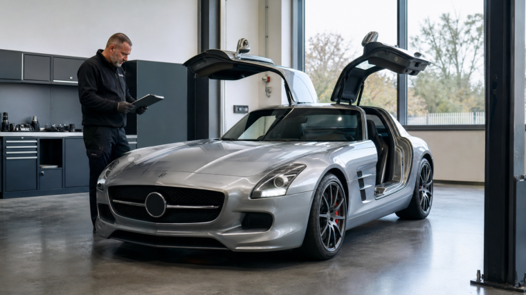 Mercedes SLS AMG argent aux portes papillon ouvertes pendant une inspection en atelier