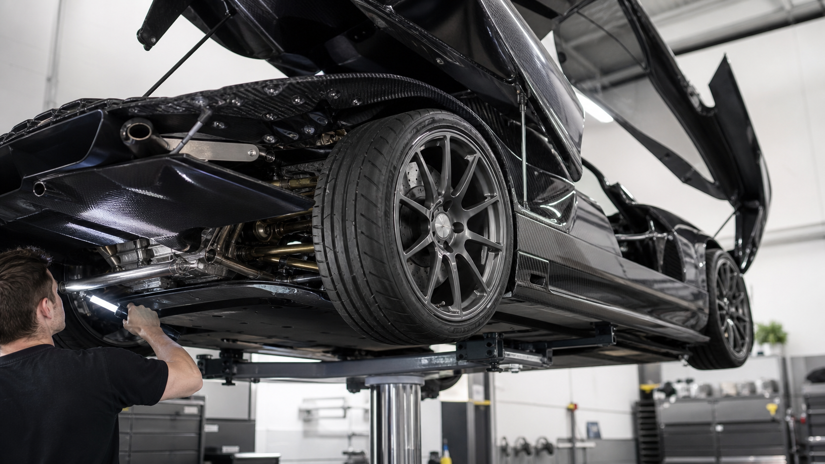 Inspection du soubassement et des roues d'une hypercar dans un atelier spécialiste