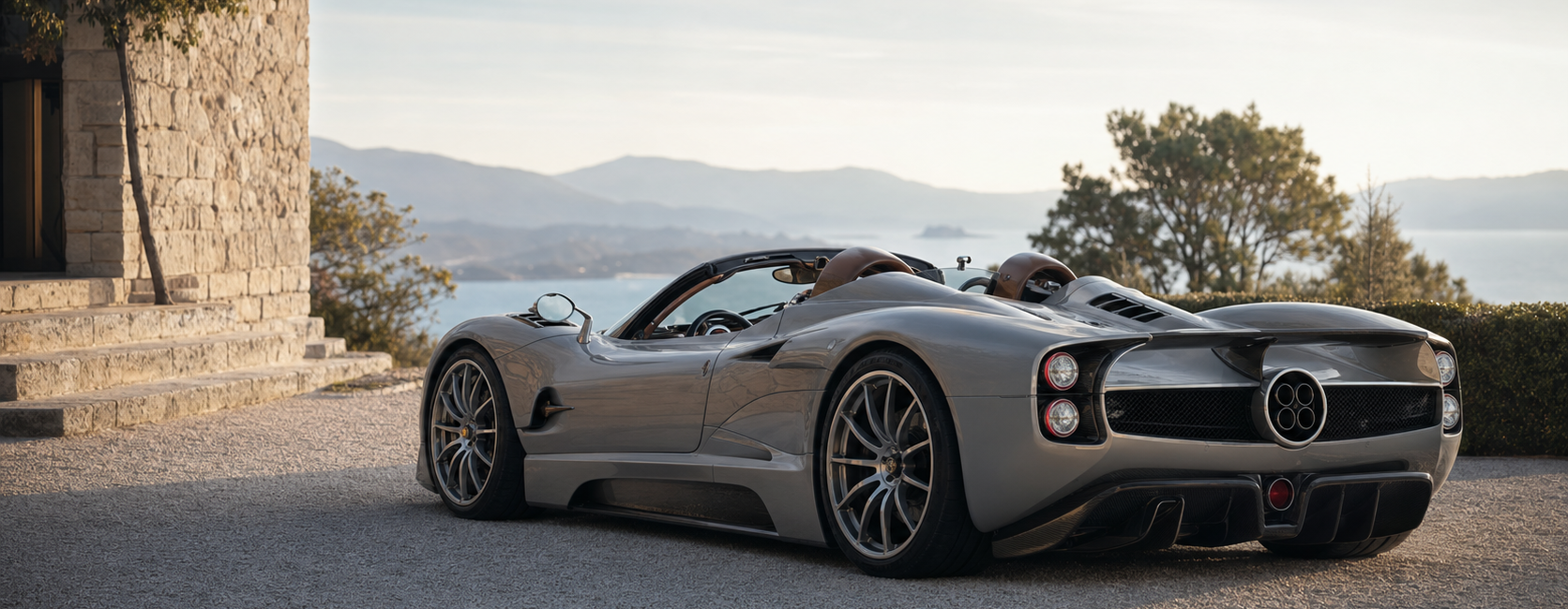 Hypercar roadster grise devant une villa méditerranéenne au lever du jour
