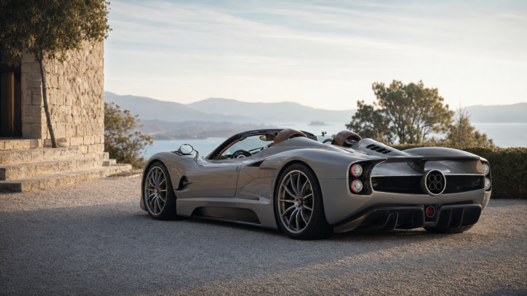 Hypercar roadster grise devant une villa méditerranéenne au lever du jour