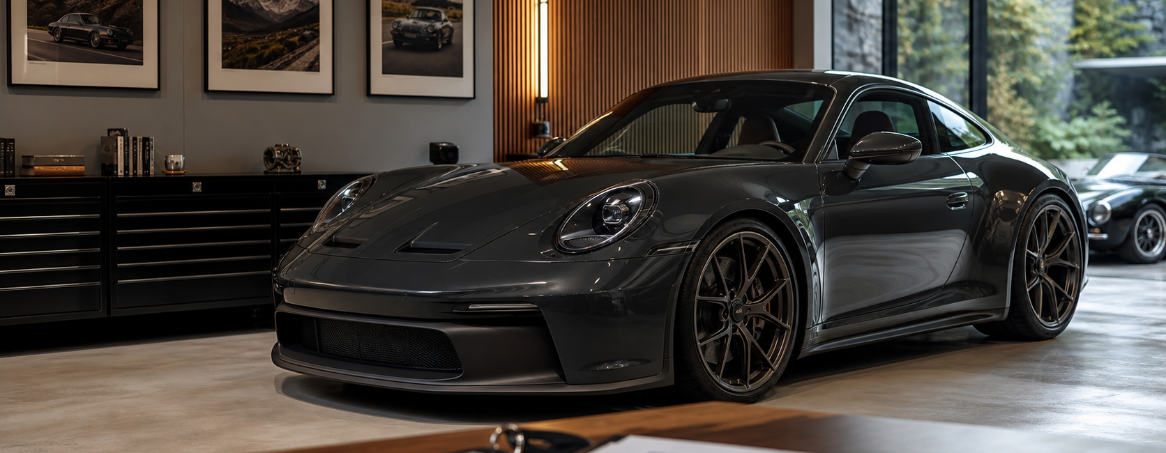 Sportive type Porsche 911 GT3 Touring dans un showroom premium avec documents de collection