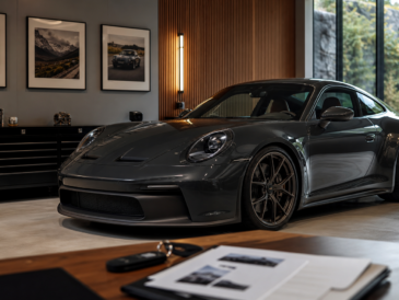 Sportive type Porsche 911 GT3 Touring dans un showroom premium avec documents de collection
