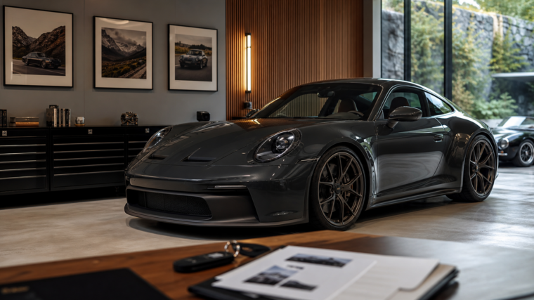Sportive type Porsche 911 GT3 Touring dans un showroom premium avec documents de collection