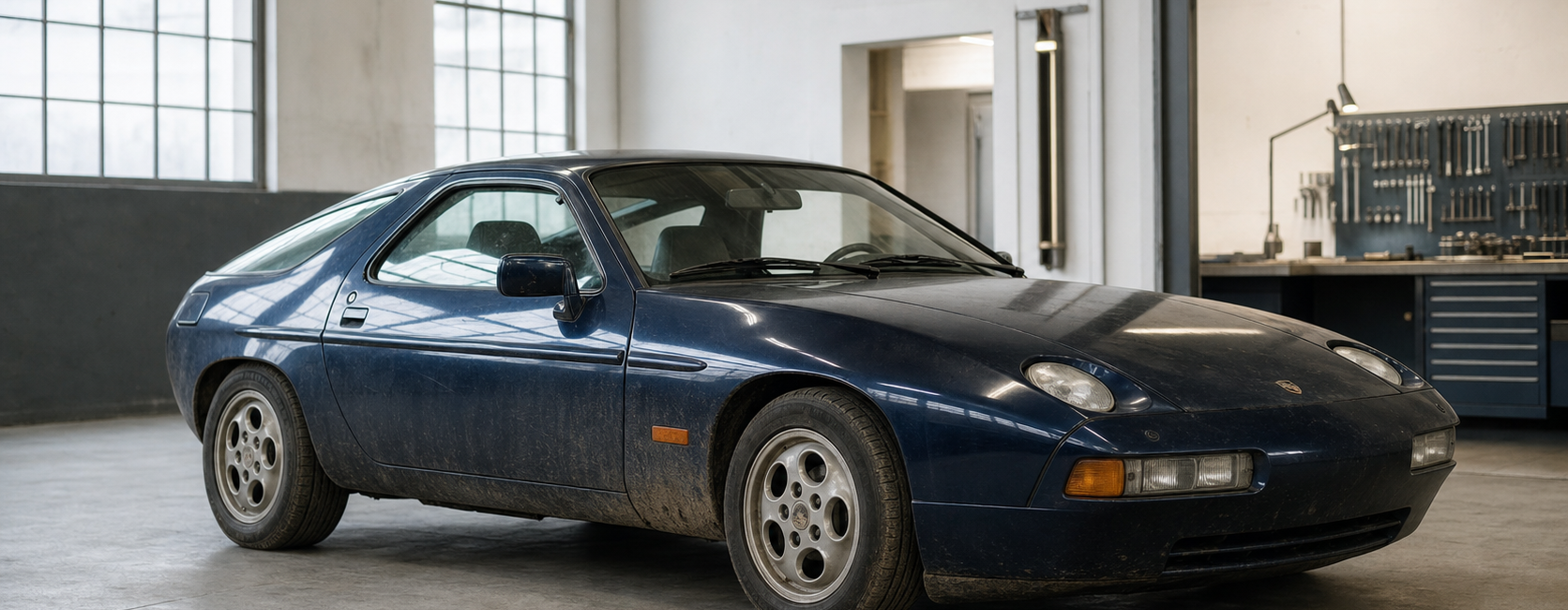Porsche 928 bleu nuit inspectée avant restauration dans un atelier spécialisé