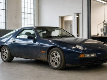Porsche 928 bleu nuit inspectée avant restauration dans un atelier spécialisé