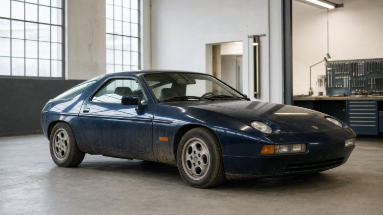 Porsche 928 bleu nuit inspectée avant restauration dans un atelier spécialisé
