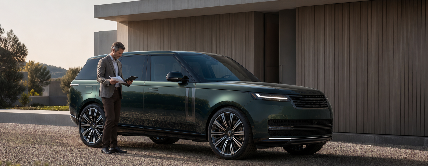 Acheteur vérifiant l’historique d’un grand SUV de luxe britannique vert avant un achat d’occasion
