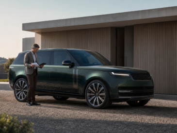 Acheteur vérifiant l’historique d’un grand SUV de luxe britannique vert avant un achat d’occasion