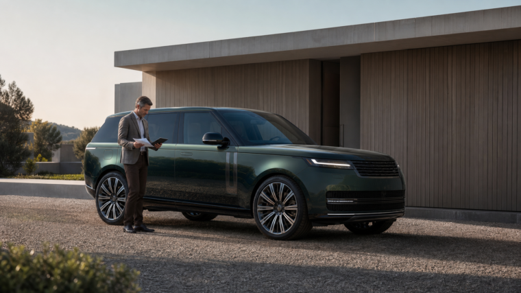 Acheteur vérifiant l’historique d’un grand SUV de luxe britannique vert avant un achat d’occasion