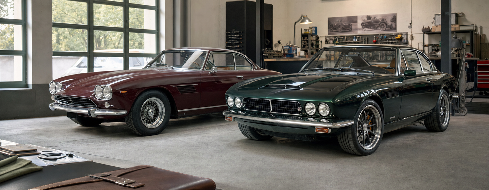 Coupé classique d’origine et restomod comparés dans un atelier automobile spécialisé
