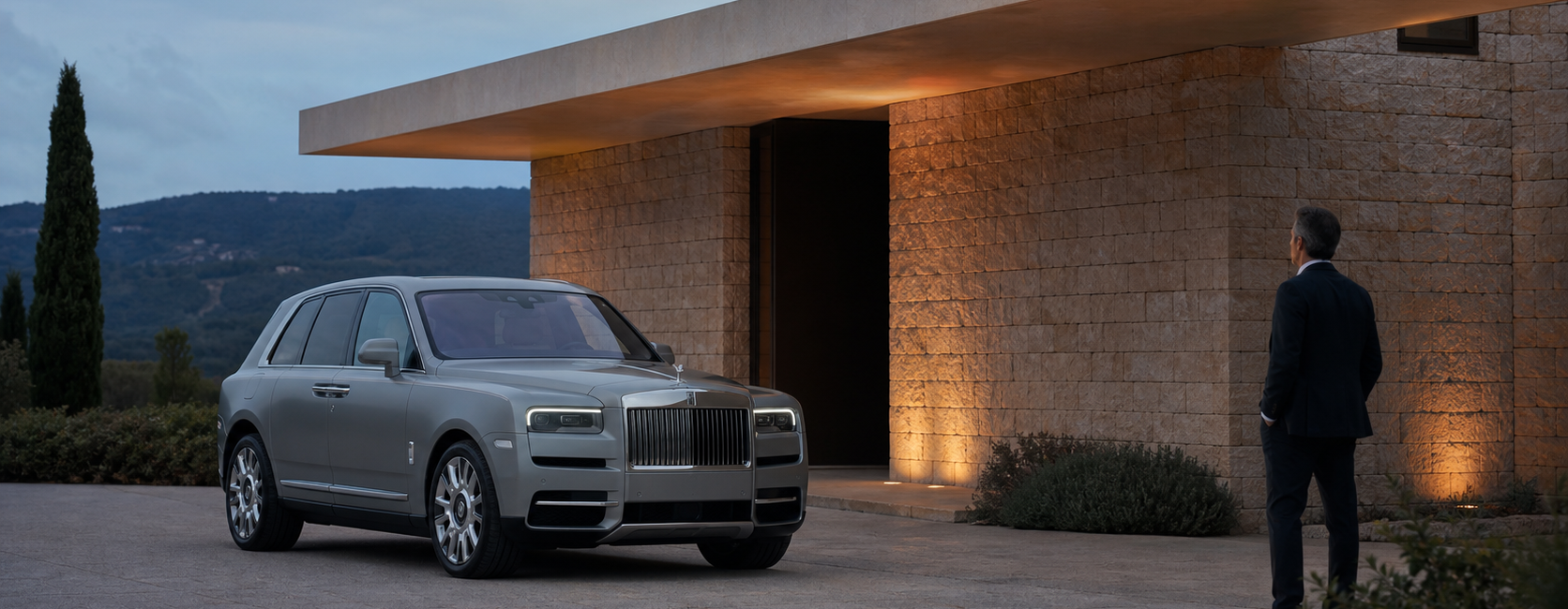 Rolls-Royce Cullinan gris argent devant une architecture contemporaine au crépuscule