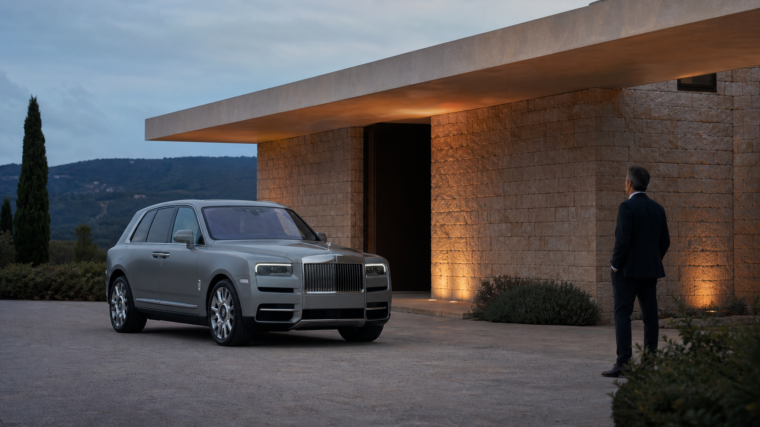 Rolls-Royce Cullinan gris argent devant une architecture contemporaine au crépuscule